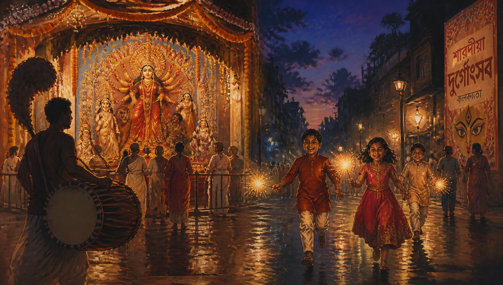 Children with sparklers running past a lamplit Durga Puja pandal on a rain-wet Kolkata street
